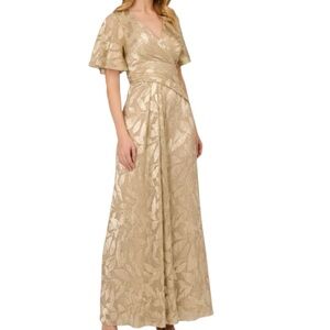 NWT ADRIANNA PAPELL Gold Leaf Short Flutter Sleeve Drape Waist Dress Gown Size 6